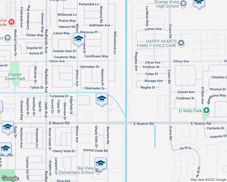 map of restaurants, bars, coffee shops, grocery stores, and more near 1874 Willowbrook Lane in Perris