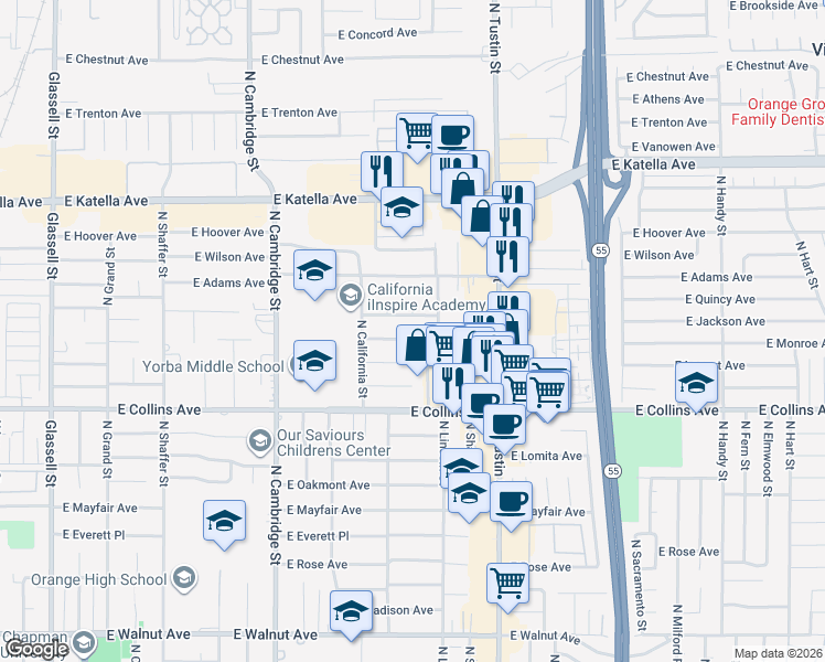 map of restaurants, bars, coffee shops, grocery stores, and more near 1072 North Lincoln Street in Orange