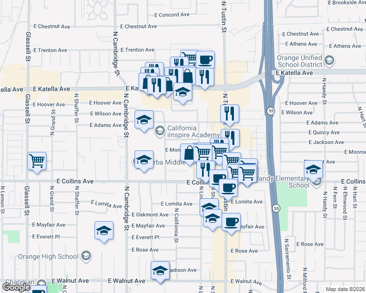 map of restaurants, bars, coffee shops, grocery stores, and more near 1319 East Monroe Avenue in Orange