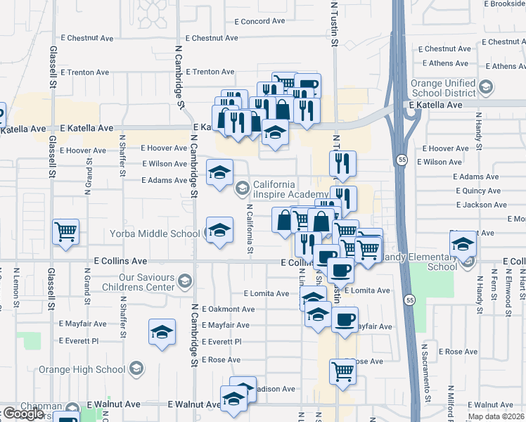map of restaurants, bars, coffee shops, grocery stores, and more near 1071 North Gardner Drive in Orange