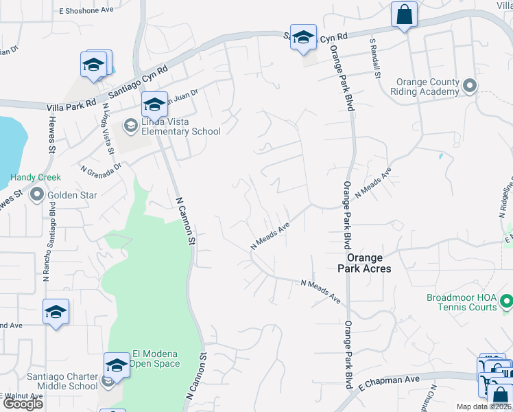 map of restaurants, bars, coffee shops, grocery stores, and more near North Meads Avenue in Orange County