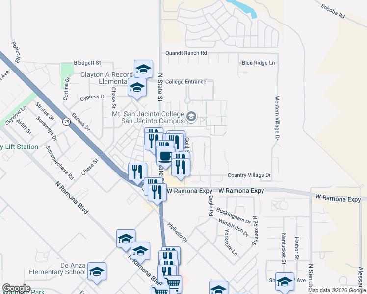 map of restaurants, bars, coffee shops, grocery stores, and more near 624 Villa Chaparral Road in San Jacinto