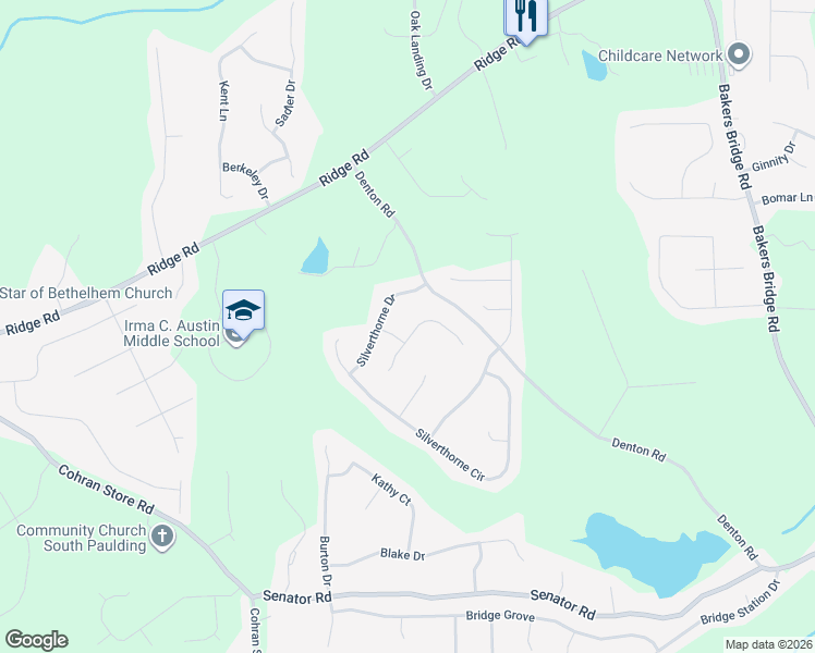 map of restaurants, bars, coffee shops, grocery stores, and more near 142 Silverthorne Trail in Douglasville
