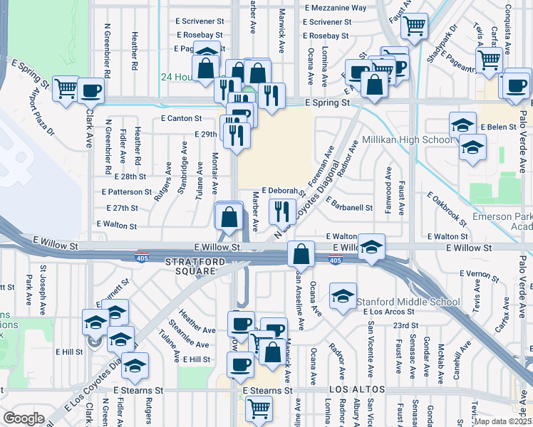 map of restaurants, bars, coffee shops, grocery stores, and more near 2721 Chatwin Avenue in Long Beach