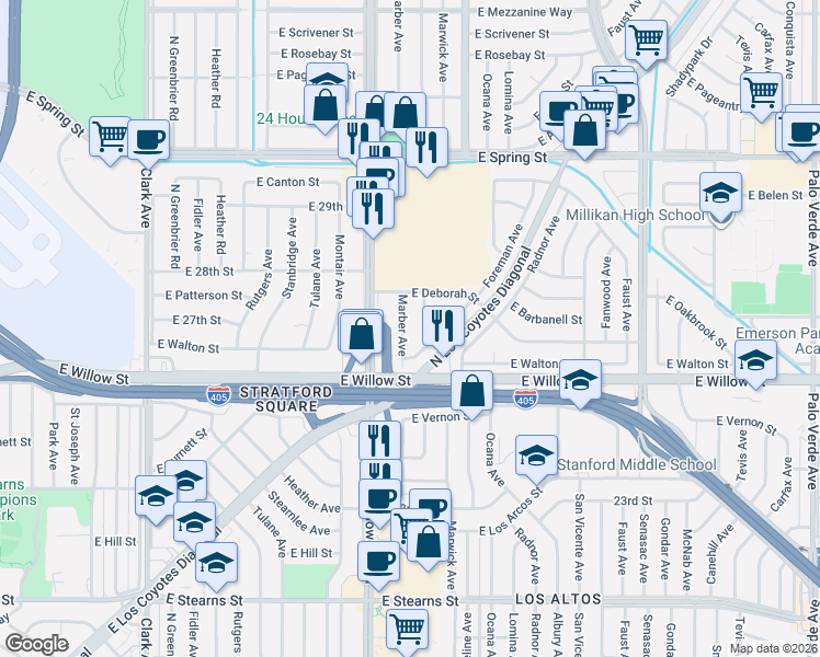 map of restaurants, bars, coffee shops, grocery stores, and more near 2721 Chatwin Avenue in Long Beach