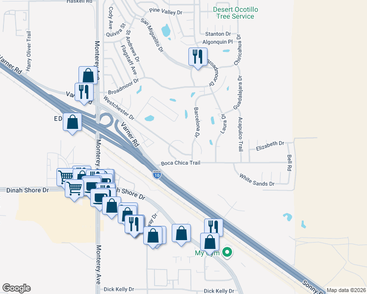 map of restaurants, bars, coffee shops, grocery stores, and more near 33390 San Lucas Trail in Thousand Palms