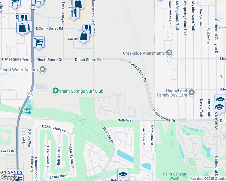 map of restaurants, bars, coffee shops, grocery stores, and more near 6074 Fairway Circle in Palm Springs
