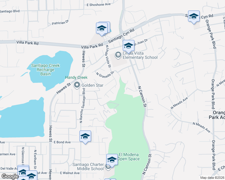 map of restaurants, bars, coffee shops, grocery stores, and more near 5307 East Muir Drive in Orange