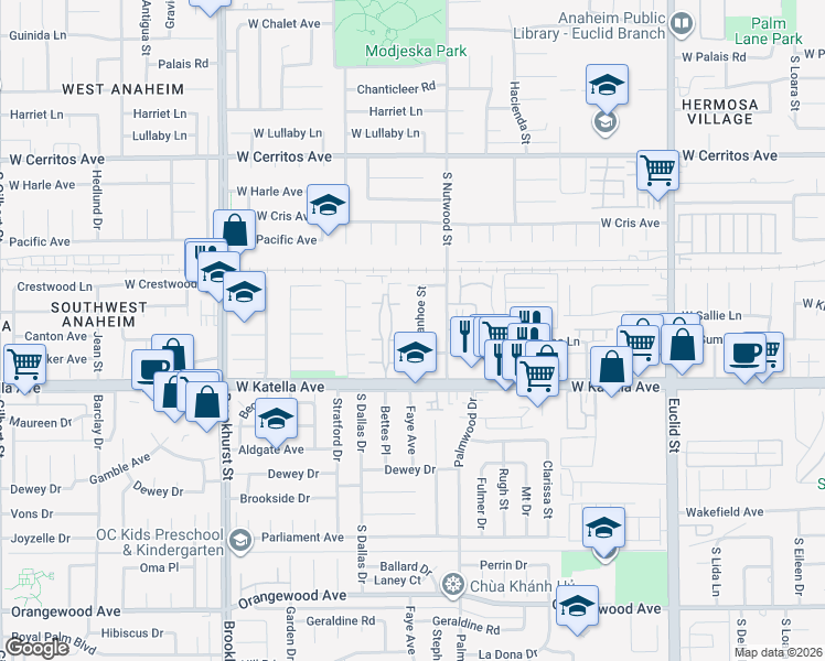 map of restaurants, bars, coffee shops, grocery stores, and more near 1668 South Ivanhoe Street in Anaheim