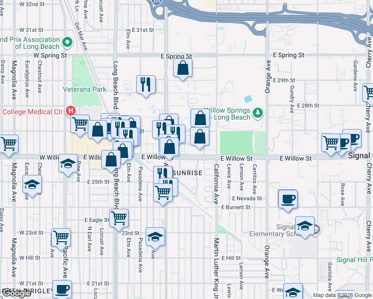 map of restaurants, bars, coffee shops, grocery stores, and more near 707 East Walton Street in Signal Hill