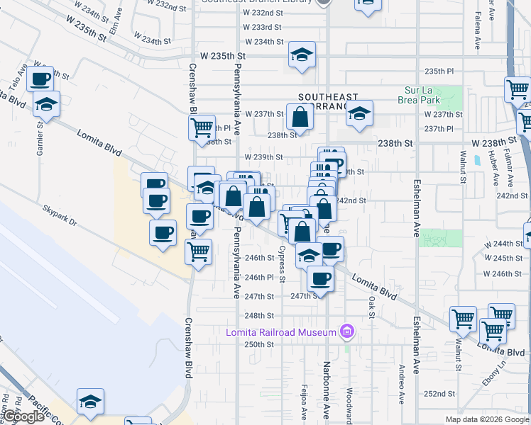 map of restaurants, bars, coffee shops, grocery stores, and more near 2334 241st Street in Lomita