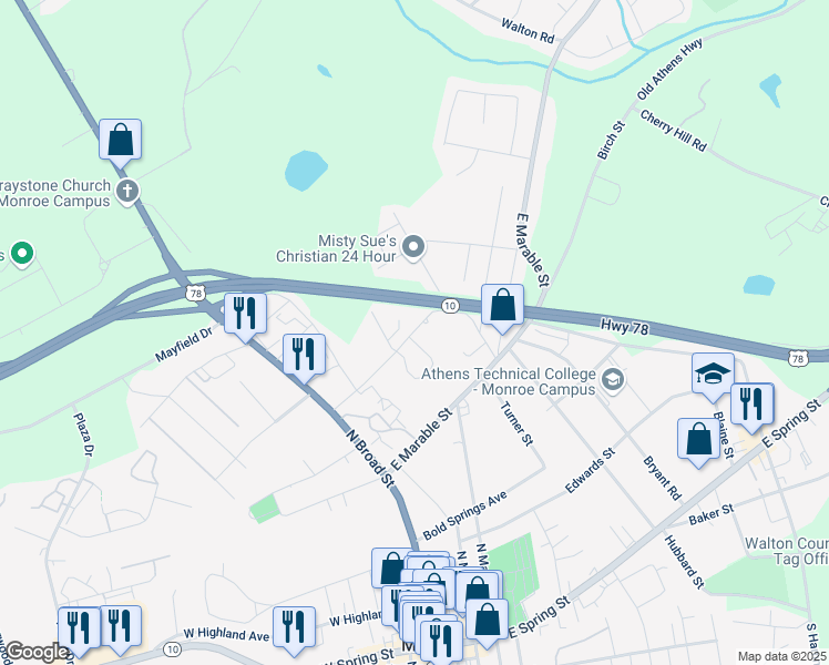 map of restaurants, bars, coffee shops, grocery stores, and more near 206 Sorrells Street in Monroe