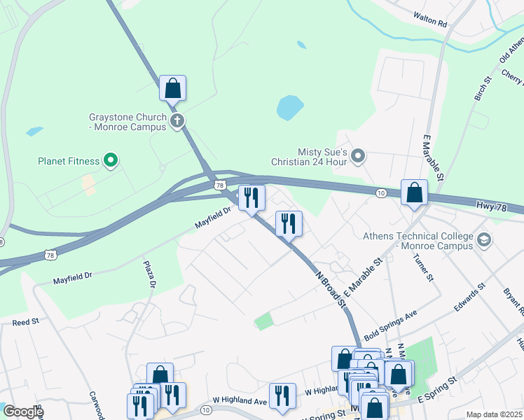 map of restaurants, bars, coffee shops, grocery stores, and more near 109 Morrow Street in Monroe