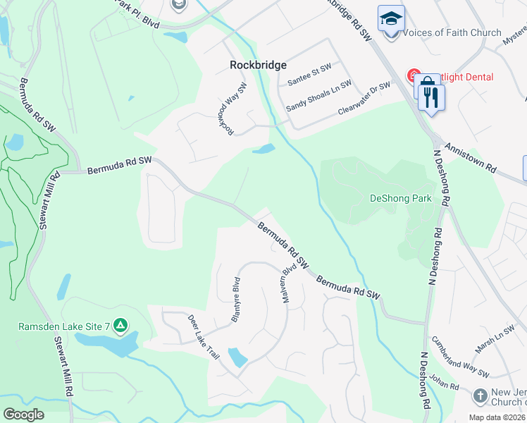 map of restaurants, bars, coffee shops, grocery stores, and more near 2598 Bermuda Road Southwest in Stone Mountain