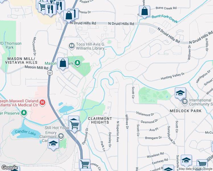 map of restaurants, bars, coffee shops, grocery stores, and more near 2108 Heritage Heights in Decatur