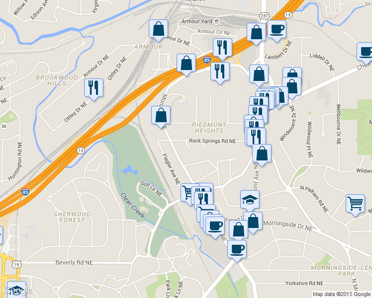 map of restaurants, bars, coffee shops, grocery stores, and more near 421 Rock Springs Road Northeast in Atlanta