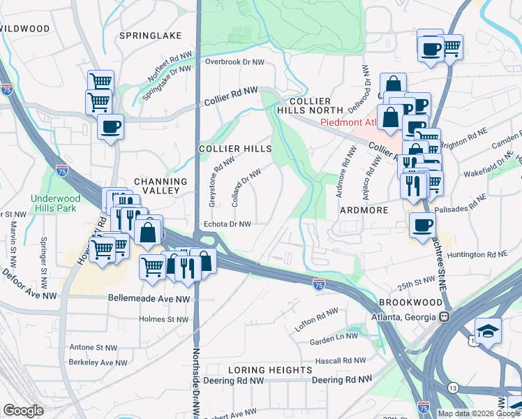 map of restaurants, bars, coffee shops, grocery stores, and more near 1845 Meredith Drive Northwest in Atlanta