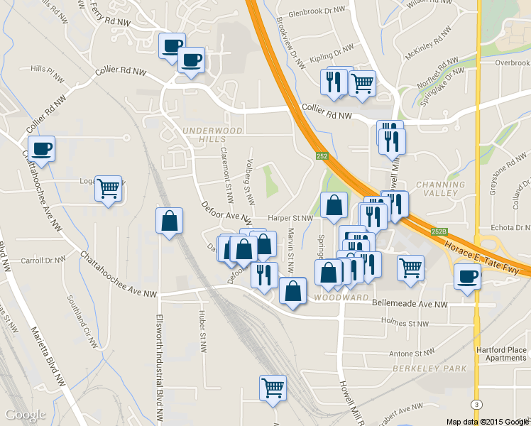 map of restaurants, bars, coffee shops, grocery stores, and more near 1820 Woodland Hills Avenue Northwest in Atlanta