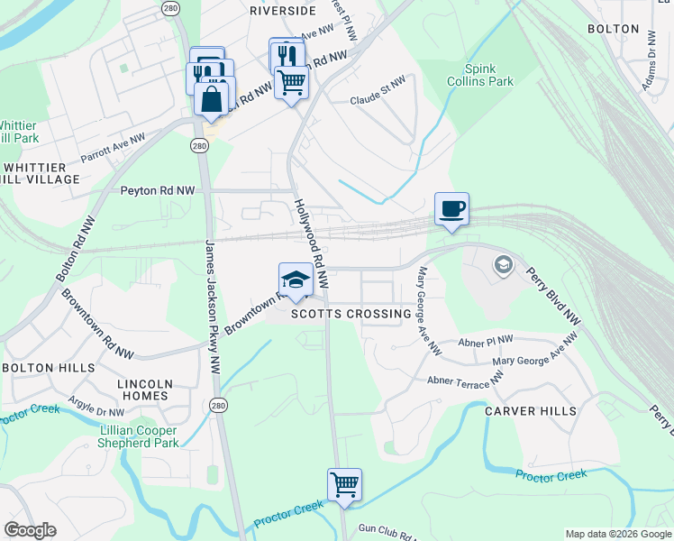 map of restaurants, bars, coffee shops, grocery stores, and more near 2487 Perry Boulevard Northwest in Atlanta