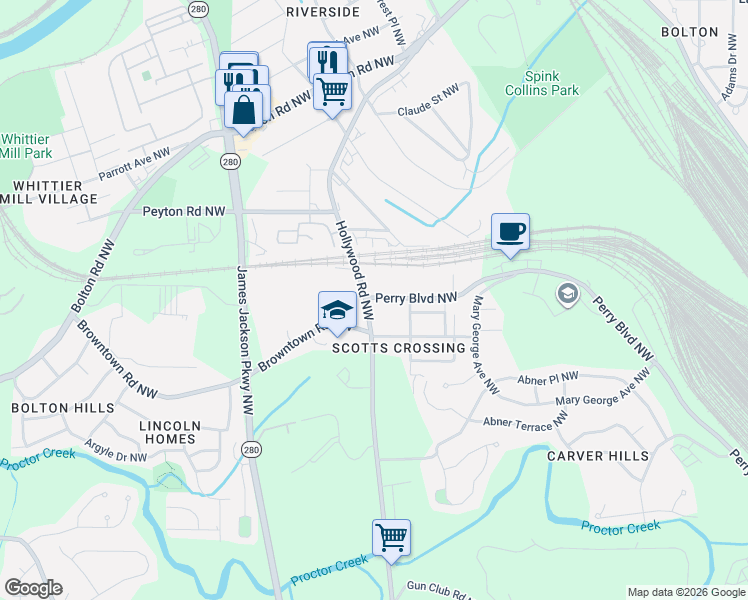map of restaurants, bars, coffee shops, grocery stores, and more near 2487 Perry Boulevard Northwest in Atlanta
