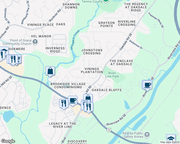 map of restaurants, bars, coffee shops, grocery stores, and more near 6138 Farmwood Way Southeast in Mableton