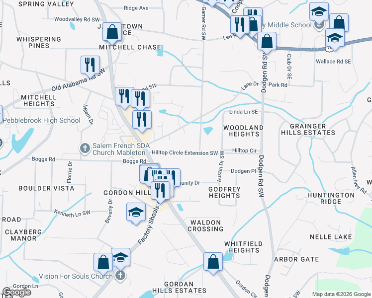 map of restaurants, bars, coffee shops, grocery stores, and more near 385 Lane Drive in Mableton