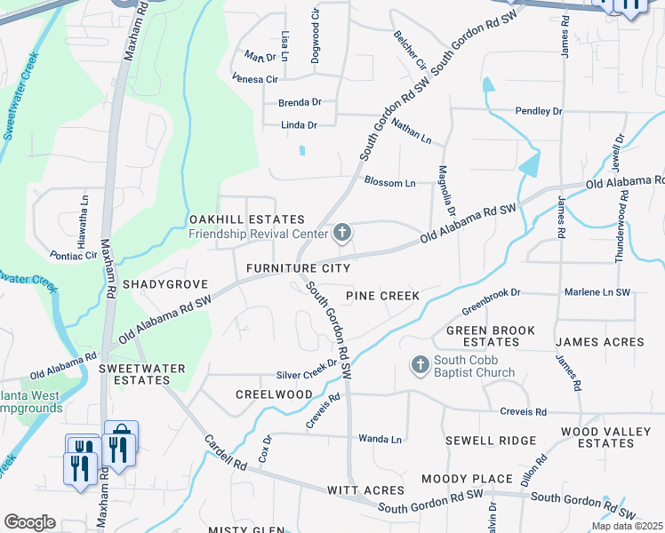 map of restaurants, bars, coffee shops, grocery stores, and more near 1884 Old Alabama Road Southwest in Austell
