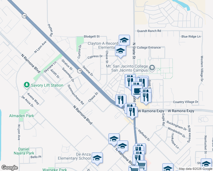 map of restaurants, bars, coffee shops, grocery stores, and more near 1292 Western Drive in San Jacinto