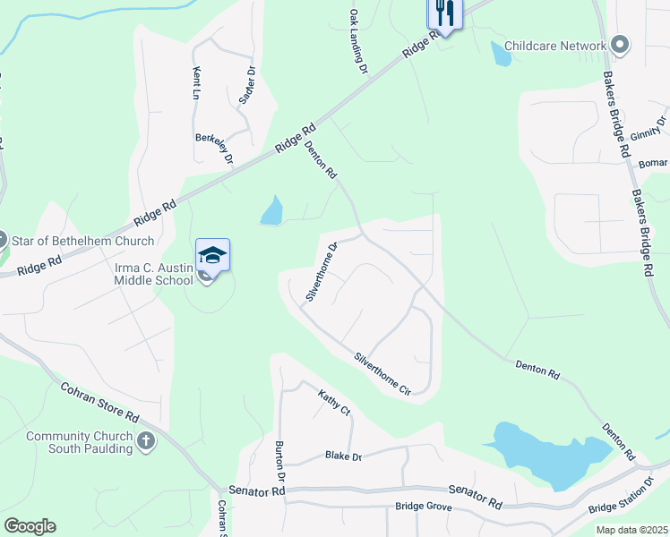 map of restaurants, bars, coffee shops, grocery stores, and more near 21 Silverthorne Way in Douglasville