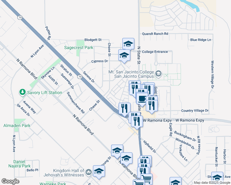 map of restaurants, bars, coffee shops, grocery stores, and more near 1330 Country Club Drive in Banning
