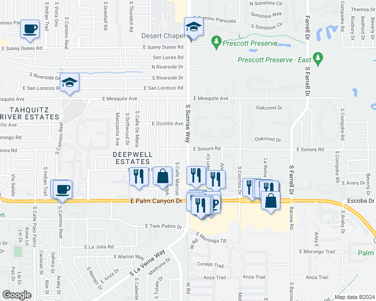 map of restaurants, bars, coffee shops, grocery stores, and more near 1407 South Sunrise Way in Palm Springs