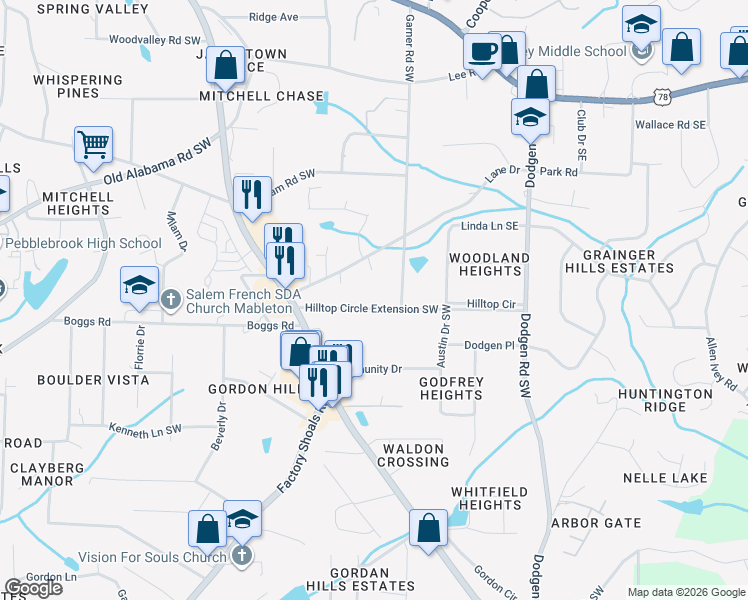 map of restaurants, bars, coffee shops, grocery stores, and more near 385 Lane Drive in Mableton