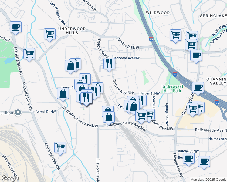 map of restaurants, bars, coffee shops, grocery stores, and more near 1853 Defoor Avenue Northwest in Atlanta