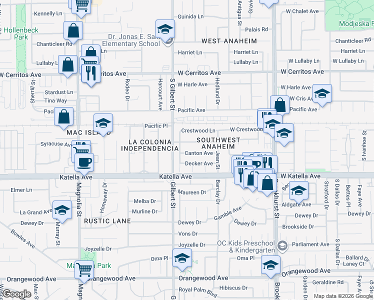 map of restaurants, bars, coffee shops, grocery stores, and more near 9581 Banta Avenue in Anaheim