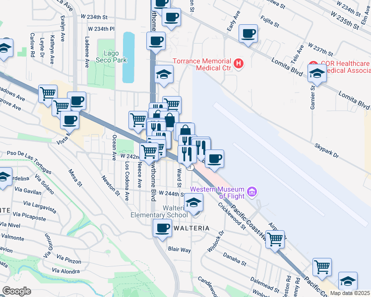 map of restaurants, bars, coffee shops, grocery stores, and more near 3629 Pacific Coast Highway in Torrance