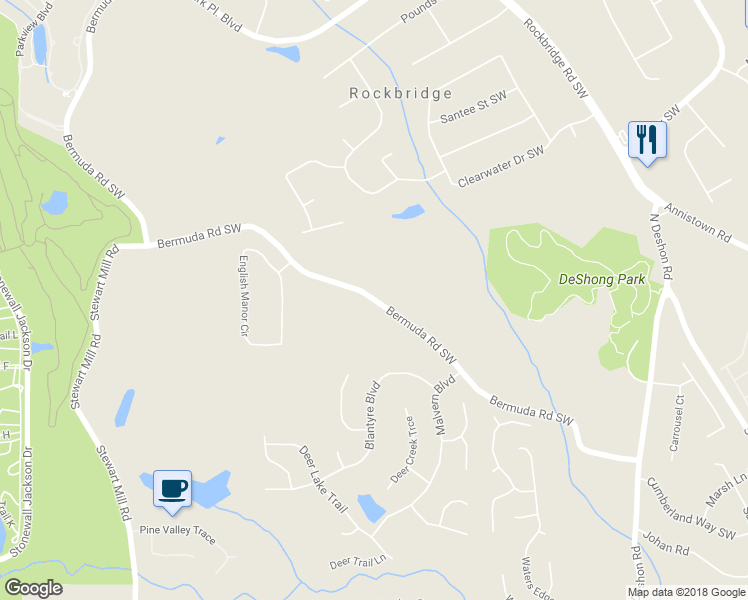 map of restaurants, bars, coffee shops, grocery stores, and more near 4398 Bermuda Road in Stone Mountain