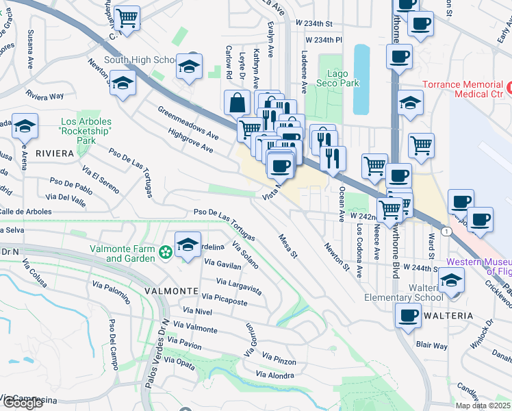 map of restaurants, bars, coffee shops, grocery stores, and more near 4309 Mesa Street in Torrance