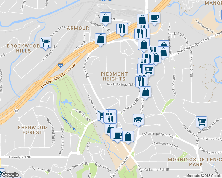 map of restaurants, bars, coffee shops, grocery stores, and more near 1849 Rock Springs Lane in Atlanta