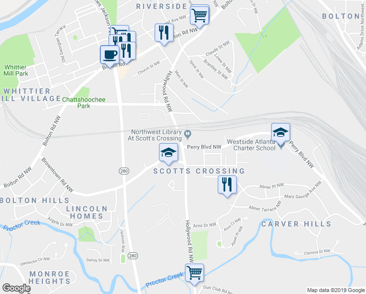 map of restaurants, bars, coffee shops, grocery stores, and more near 2498 Perry Boulevard Northwest in Atlanta