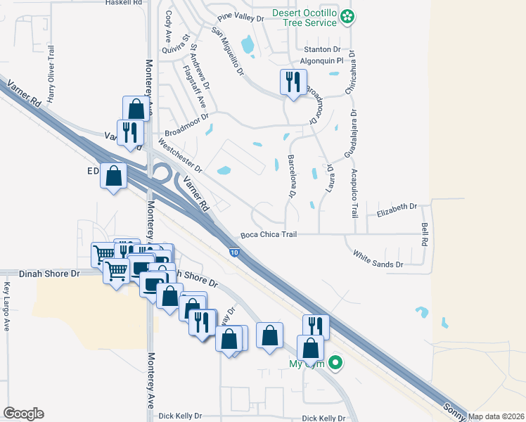 map of restaurants, bars, coffee shops, grocery stores, and more near 33401 San Lucas Trail in Thousand Palms