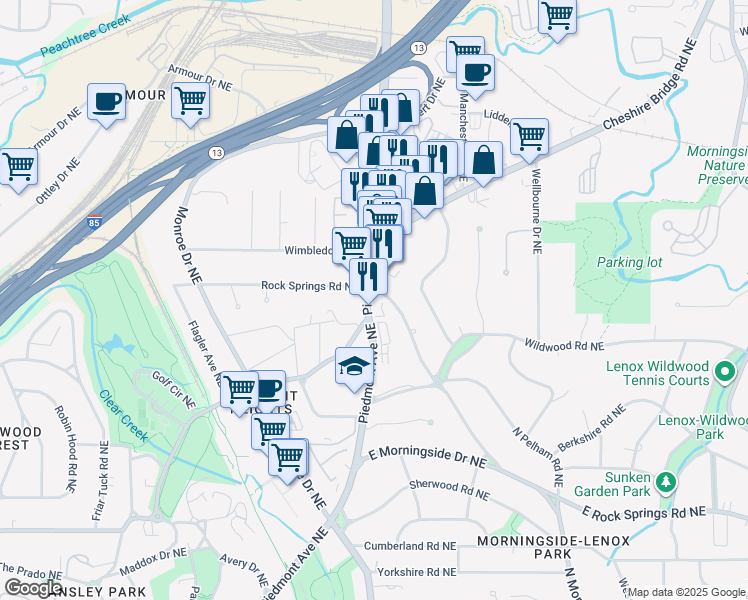 map of restaurants, bars, coffee shops, grocery stores, and more near 1830 Piedmont Avenue Northeast in Atlanta