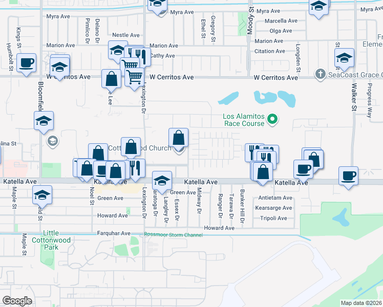 map of restaurants, bars, coffee shops, grocery stores, and more near 4635 Luna Court in Cypress