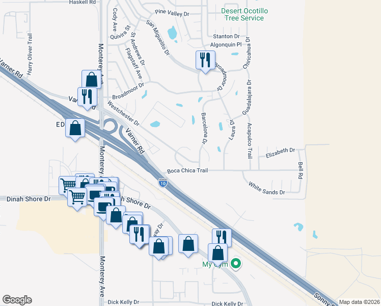 map of restaurants, bars, coffee shops, grocery stores, and more near 33390 San Lucas Trail in Thousand Palms