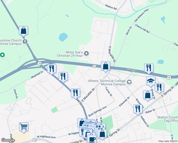 map of restaurants, bars, coffee shops, grocery stores, and more near 206 Sorrells Street in Monroe