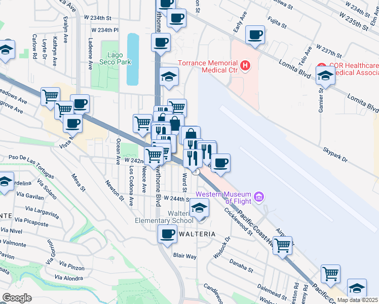 map of restaurants, bars, coffee shops, grocery stores, and more near 3629 Pacific Coast Highway in Torrance