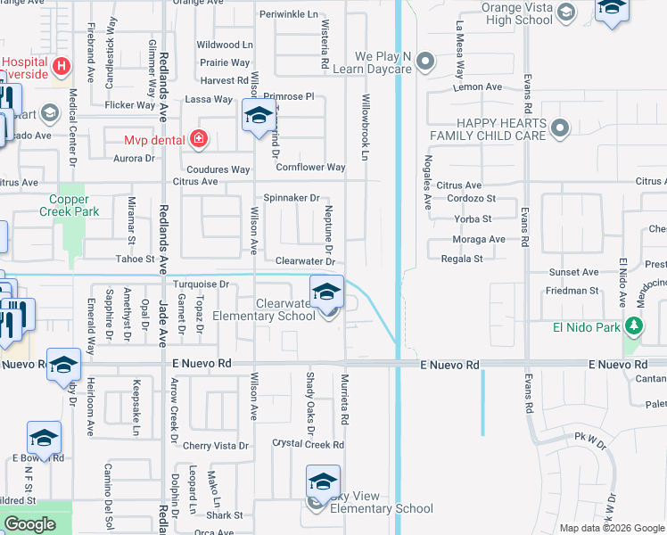 map of restaurants, bars, coffee shops, grocery stores, and more near 767 Clearwater Drive in Perris