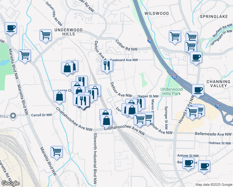 map of restaurants, bars, coffee shops, grocery stores, and more near 1853 Defoor Avenue Northwest in Atlanta