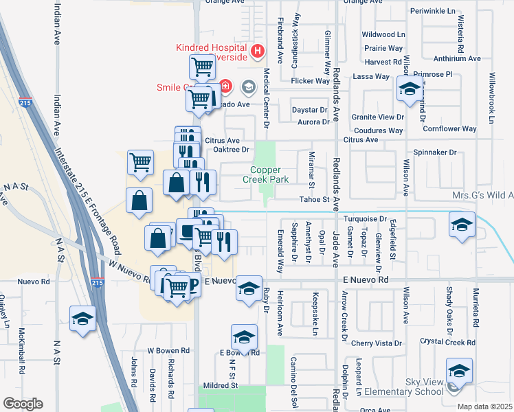 map of restaurants, bars, coffee shops, grocery stores, and more near 185 Peppertree Drive in Perris