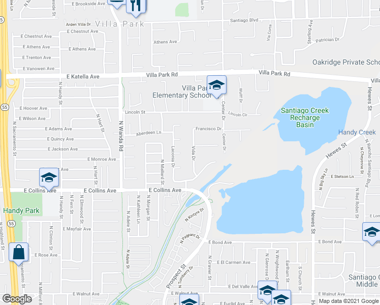 map of restaurants, bars, coffee shops, grocery stores, and more near 10821 Vida Drive in Villa Park