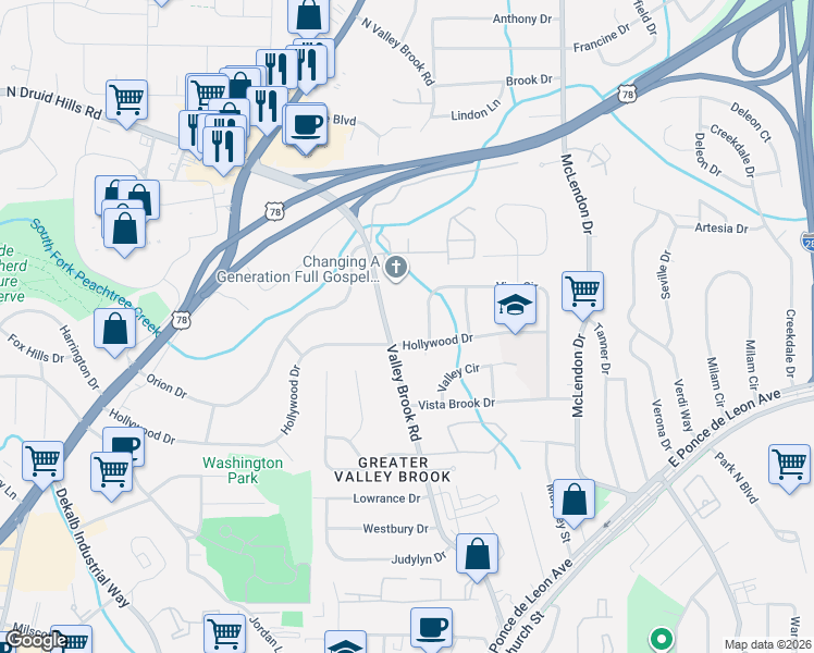 map of restaurants, bars, coffee shops, grocery stores, and more near 3052 Hollywood Drive in Decatur